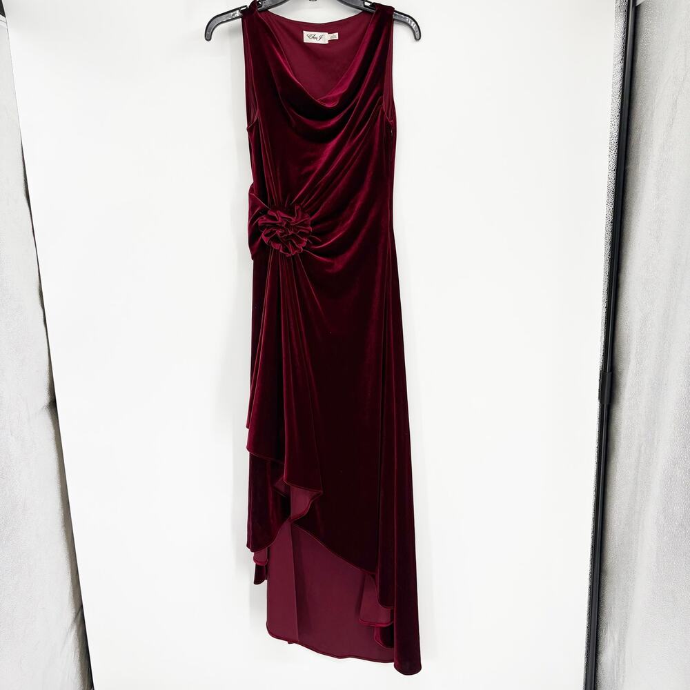 Eliza J Velvet High Low Long Dress Burgundy Cowl Neck Drape Rosette 4 Whimsigoth